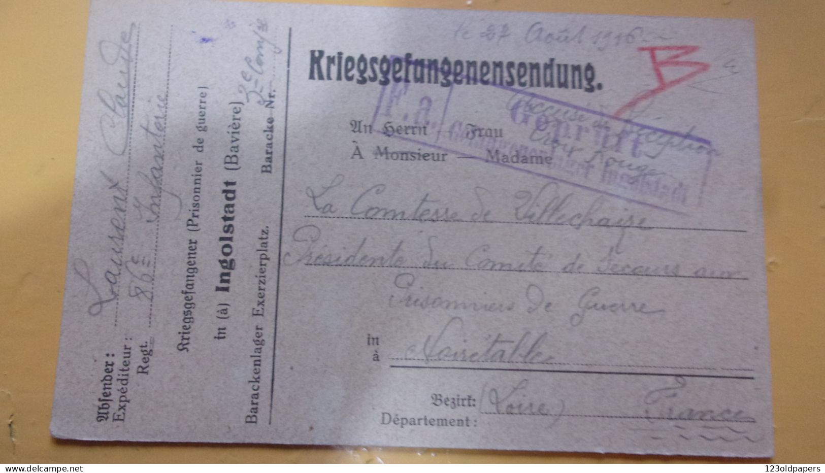 WWI INGOLSTADT KRIEGSGEFANGENENDUNG  FRANCE COMITE SECOURS PRISONNIERS GUERRE NOIRETABLE DE VILLECHAIZE COMTESSEE - Gevangenenpost