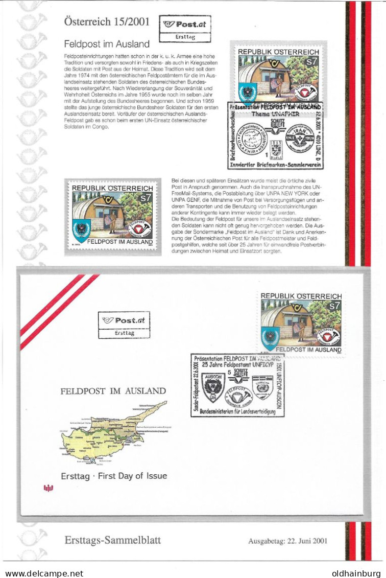 1647m: Österreich 2001: UNO- Mitläufer "Feldpost Im Ausland" **/o Sowie FDC Mit Beschreibungsblatt Im Format A5 - Storia Postale