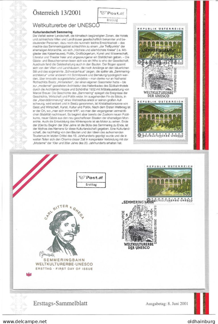 1647o: Österreich 2001: Unesco- Weltkulturerbe Semmering **/o Sowie FDC Mit Beschreibungsblatt Im Format A5 - Semmering