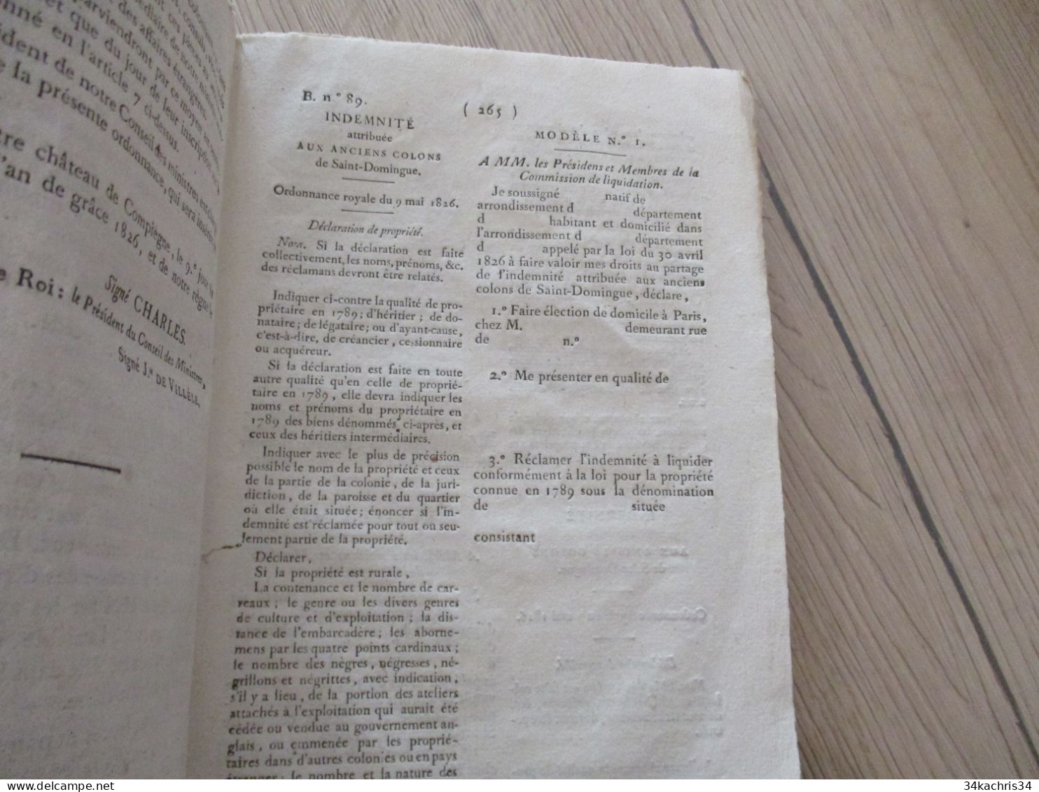 Bulletin des Lois N°89 09/05/1826 Idemnité des anciens colons de Saint Domingue 27 p liste des colons