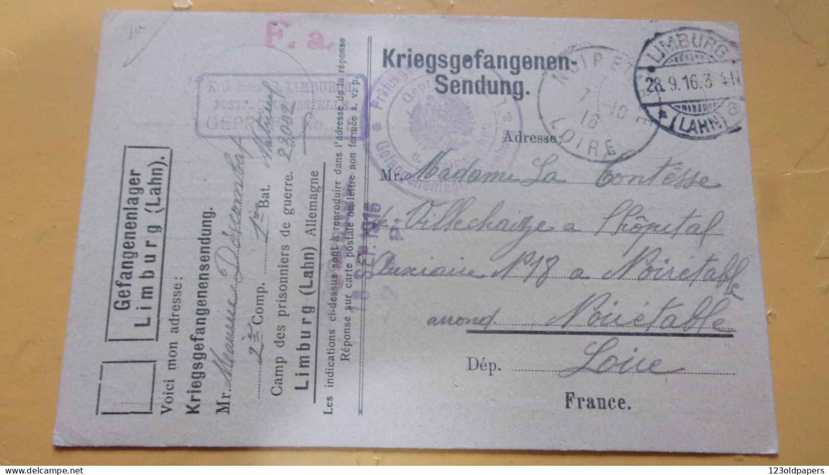 WWI KRIEGSGEFANGENENDUNG  LIMBURG LAHN  GEFANGENEN  CAMPS DE PRISONNIERS - Kriegsgefangenenpost