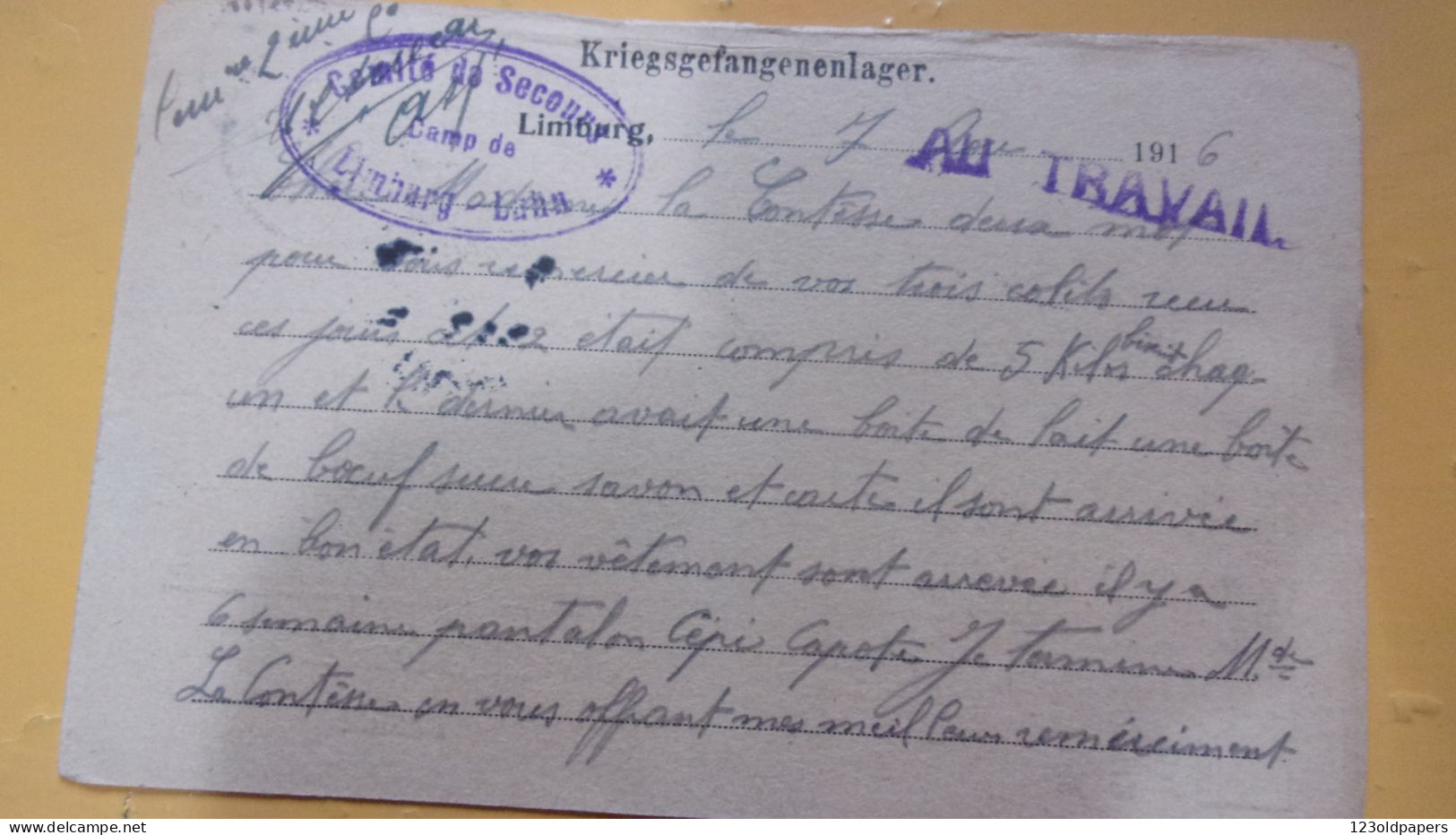 WWI KRIEGSGEFANGENENDUNG  LIMBURG LAHN  GEFANGENEN  CAMPS DE PRISONNIERS CACHET AU TRAVAIL - Correos De Prisioneros De Guerra