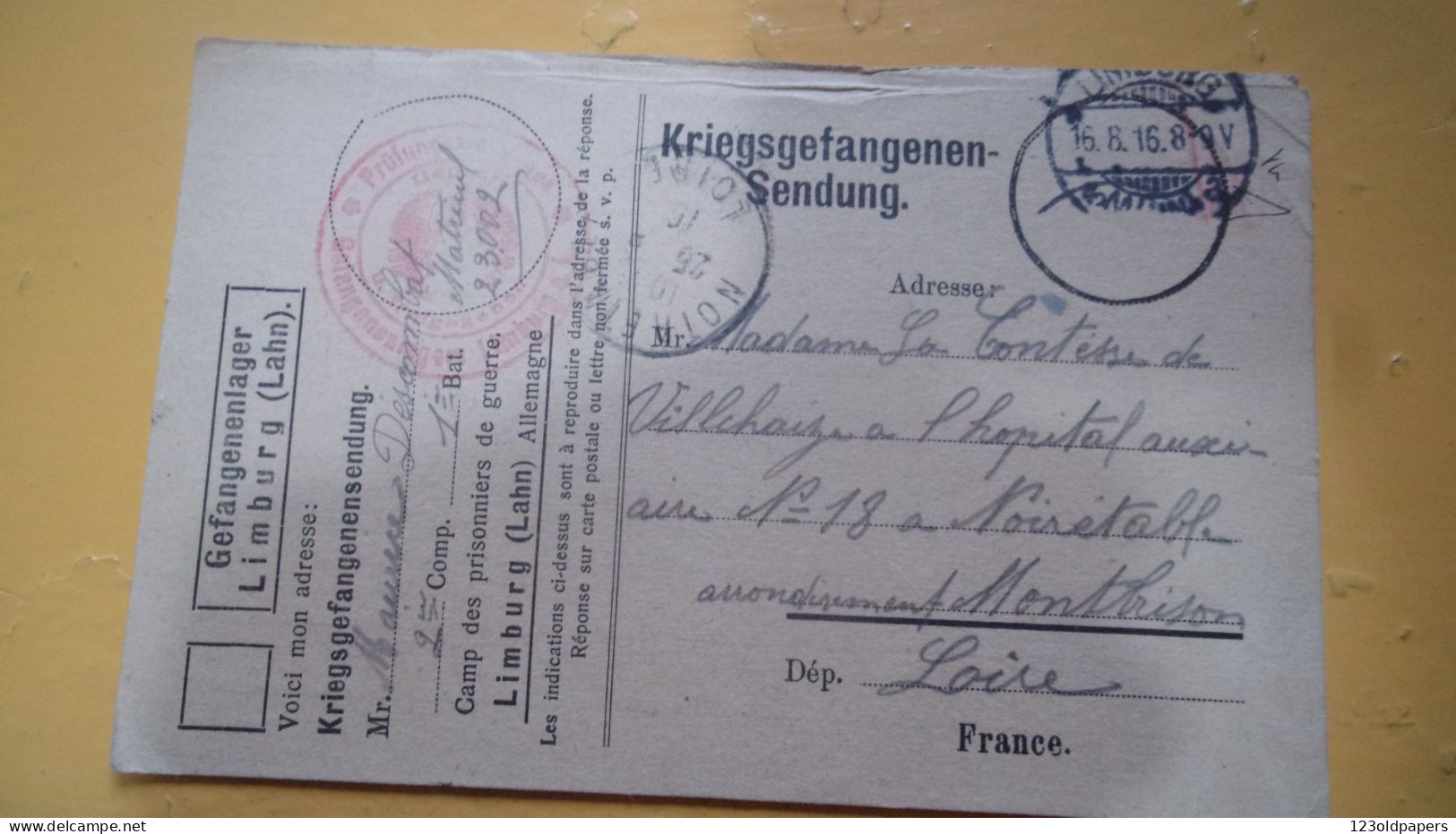 WWI KRIEGSGEFANGENENDUNG  LIMBURG LAHN  GEFANGENEN  CAMPS DE PRISONNIERS CACHET AU TRAVAIL - Courriers De Prisonniers