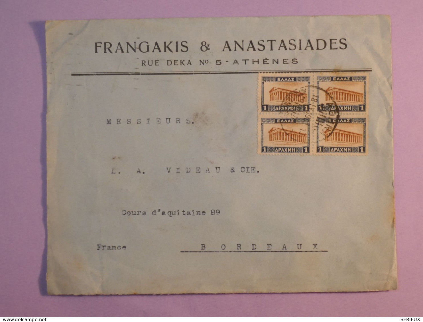 AP0  GRECE   BELLE LETTRE  1931 ATHENES A BORDEAUX    FRANCE +  BLOC  DE 4 TP+AFF.  INTERESSANT+++ - Covers & Documents