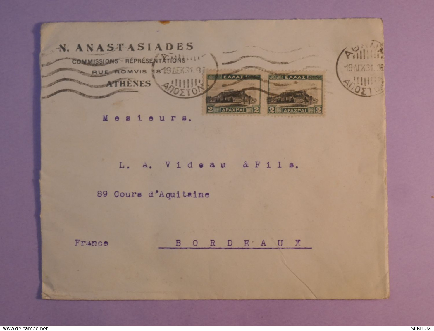 AP0  GRECE   BELLE LETTRE  1931 ATHENES A BORDEAUX    FRANCE +  PAIRE  DE  TP+AFF.  INTERESSANT+++ - Briefe U. Dokumente