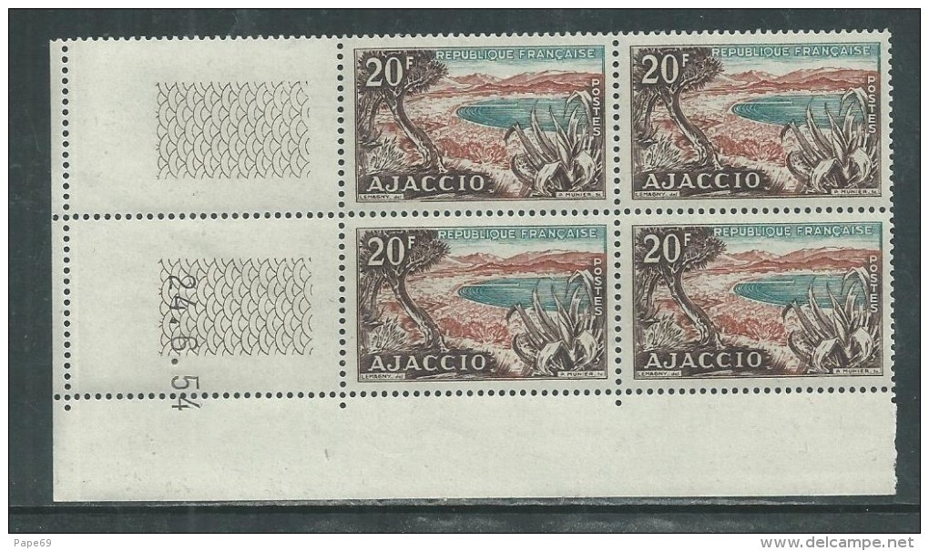 France N° 981 XX Baie D'Ajaccio  En Bloc De 4 Coin Daté Du  24 . 6. 54 ; Sans Trait Sans Charnière, TB - 1950-1959