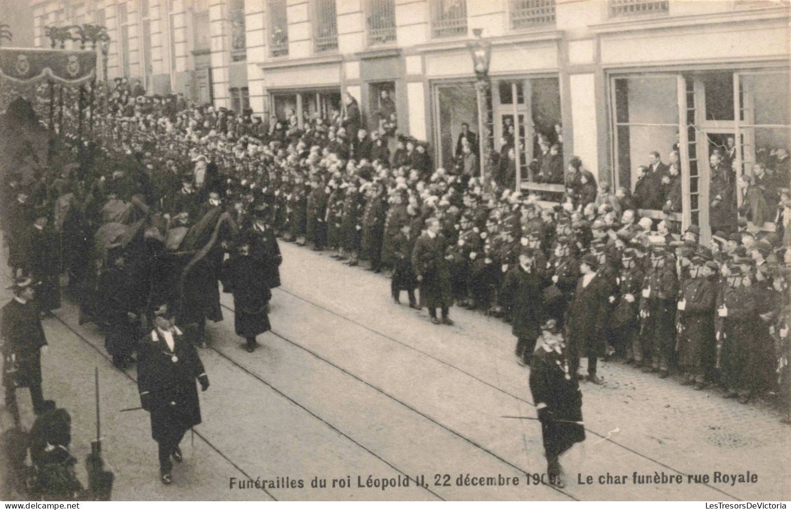 FAMILLES ROYALES - Funérailles Du Roi Léopold II, 22 Décembre 1909 - Le Char Funèbre Rue Royale - Carte Postale Ancienne - Familles Royales