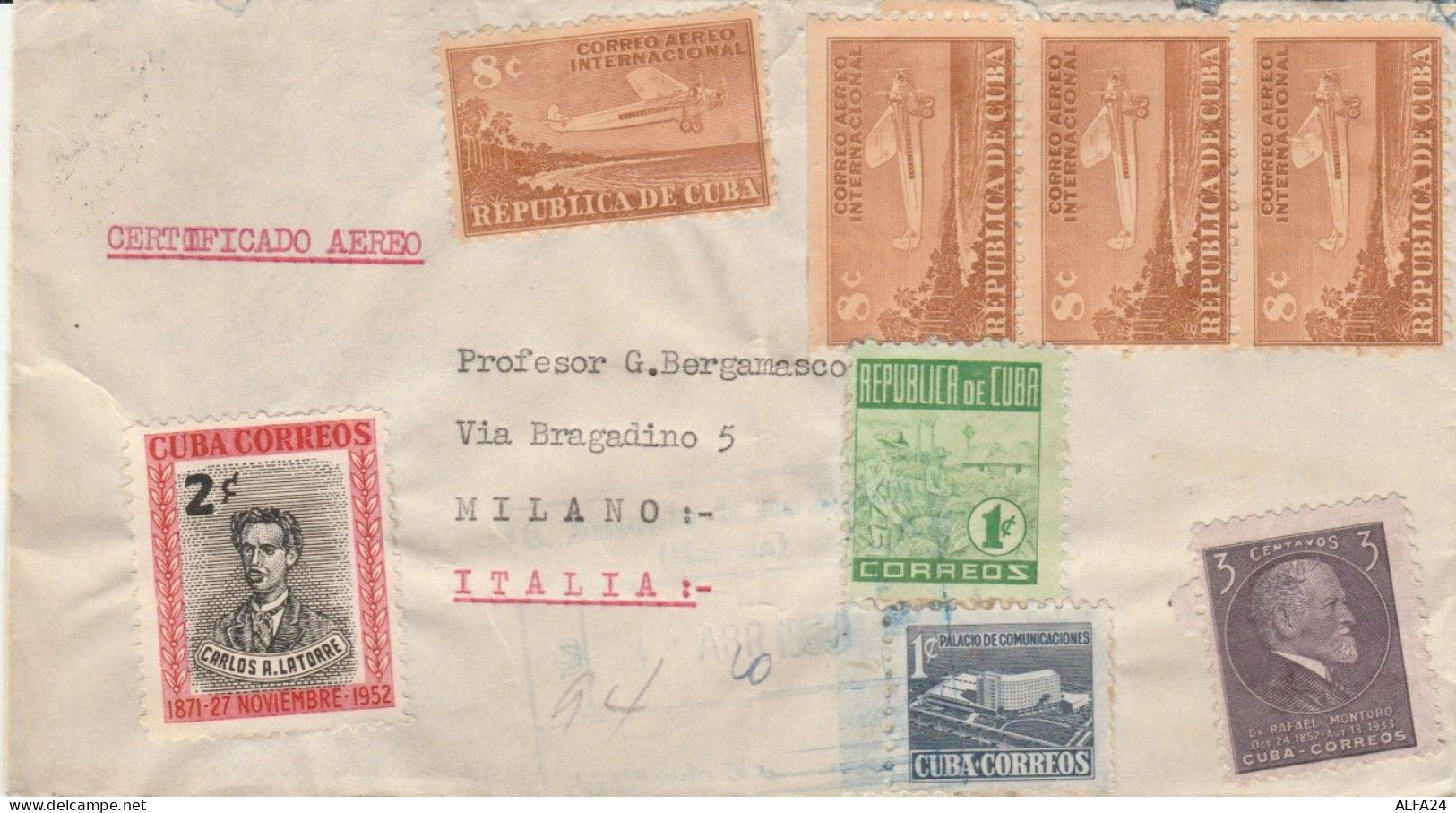 LETTERA CUBA 1952 TRANSITO WASHINGTON ARRIVO MILANO (EX822 - Storia Postale