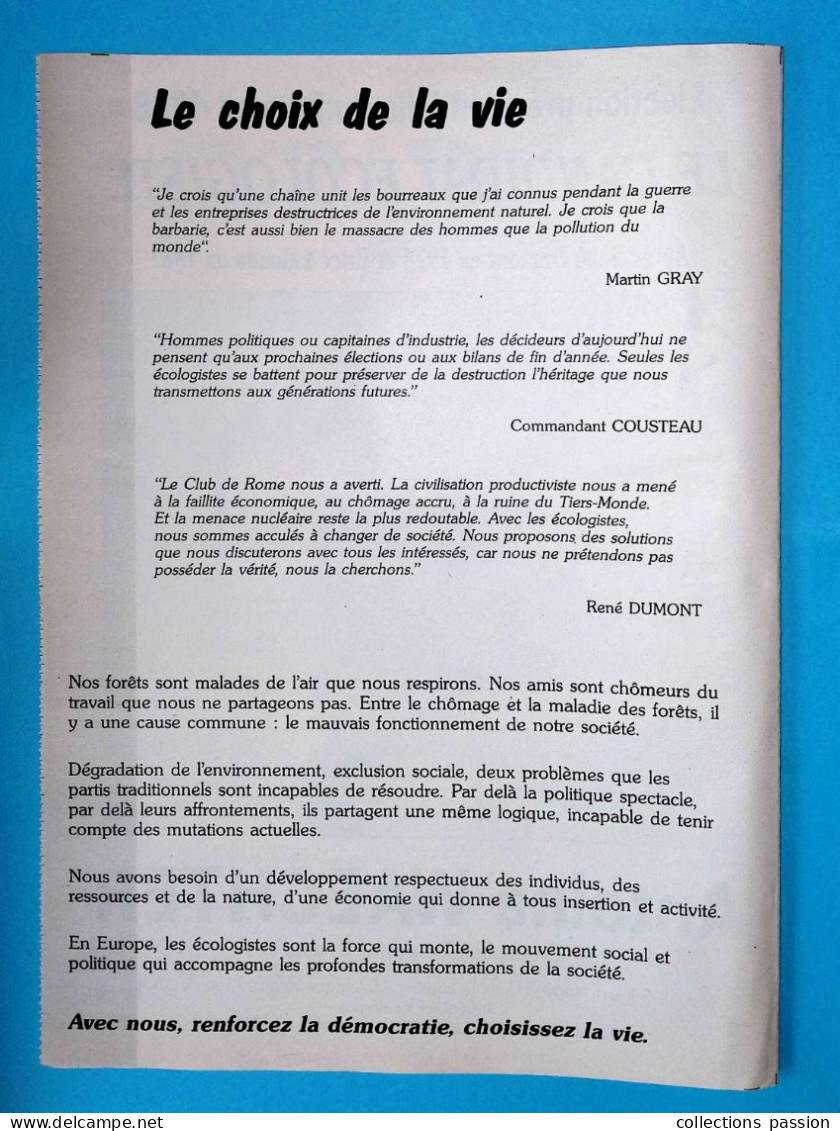 4 Pages, Politique, Le Candidat écologiste, Antoine WAECHTER , élections Présidentielles 88, Frais Fr 1.95e - Pubblicitari