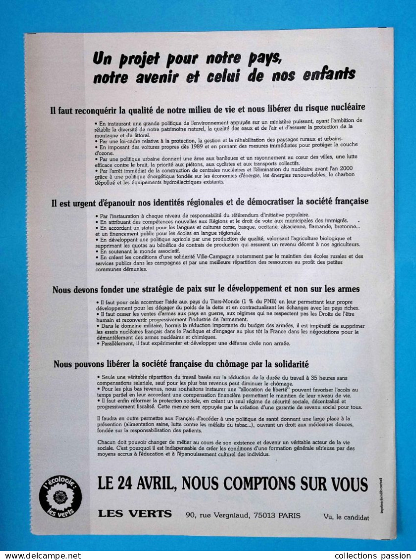 4 Pages, Politique, Le Candidat écologiste, Antoine WAECHTER , élections Présidentielles 88, Frais Fr 1.95e - Pubblicitari