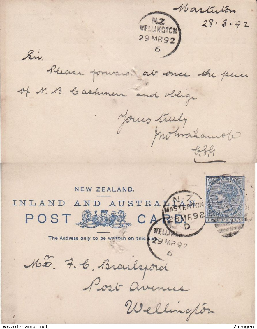 NEW ZEALAND 1892 POSTCARD SENT FROM MASTERTON - Lettres & Documents