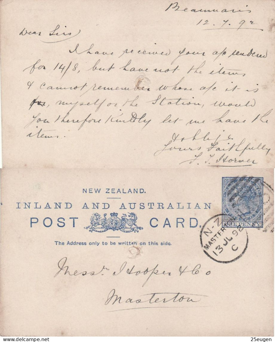 NEW ZEALAND 1892 POSTCARD SENT FROM MASTERTON - Covers & Documents