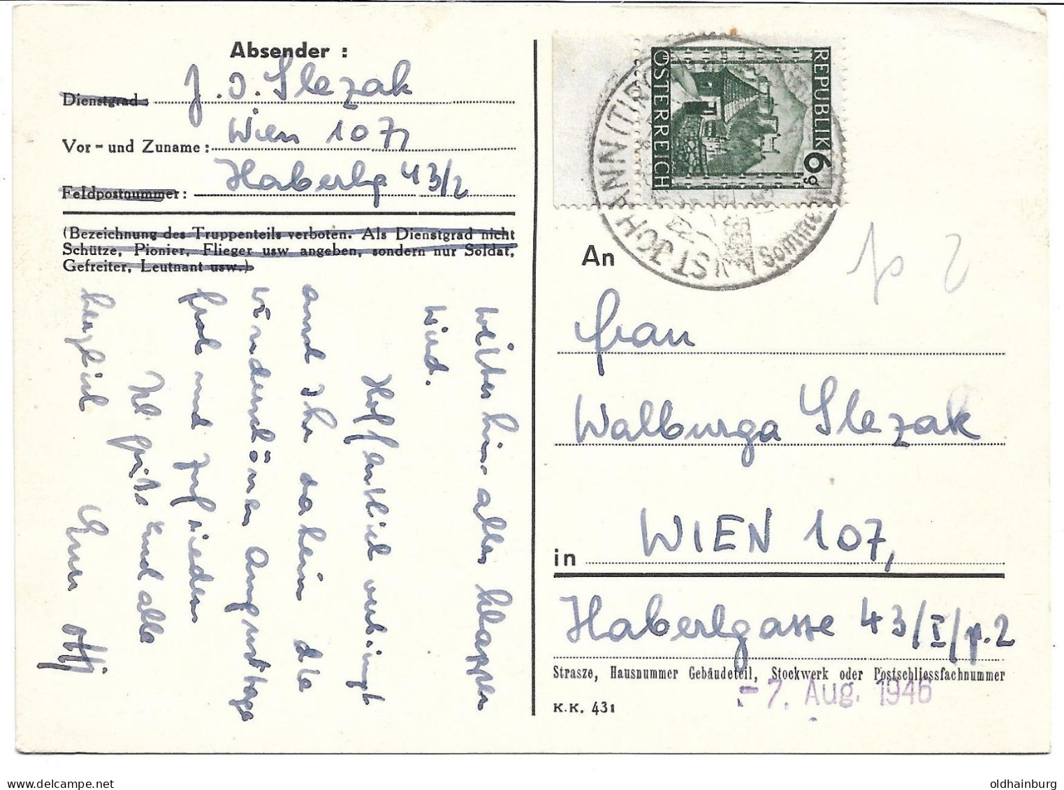 2351h: Aufbrauch Einer Feldpostkarte 1946, Gest. St. Johann 4.8.46, Gebrauchsspuren, Seilbahn Schmittenbahn - St. Johann In Tirol