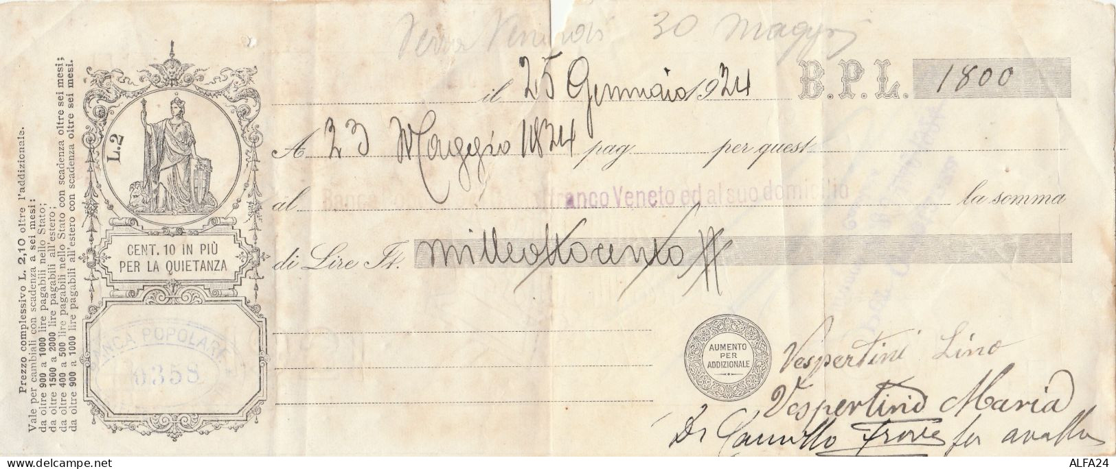 CAMBIALE PAGATA 1924 BPL (GX383 - Tamaño Pequeño : ...-1900