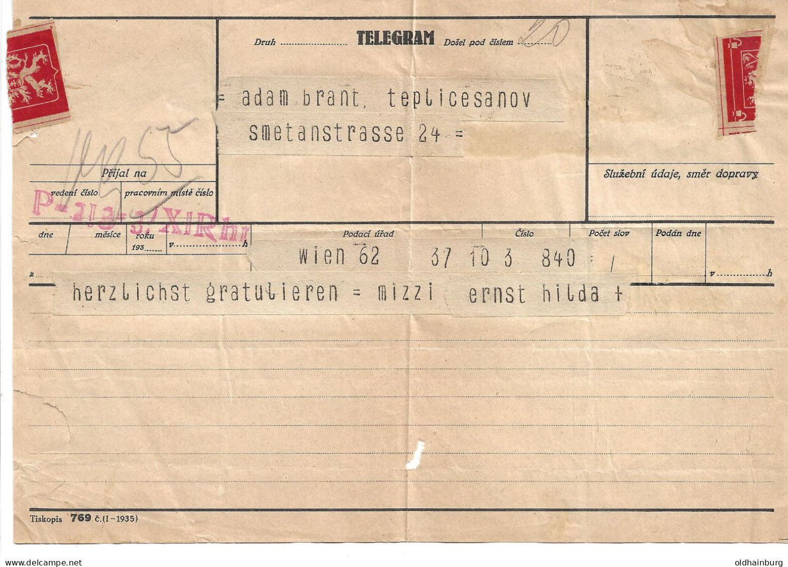 2351f: Telegramm Aus Teplice Nach Wien Lt. Scan - Abarten & Kuriositäten