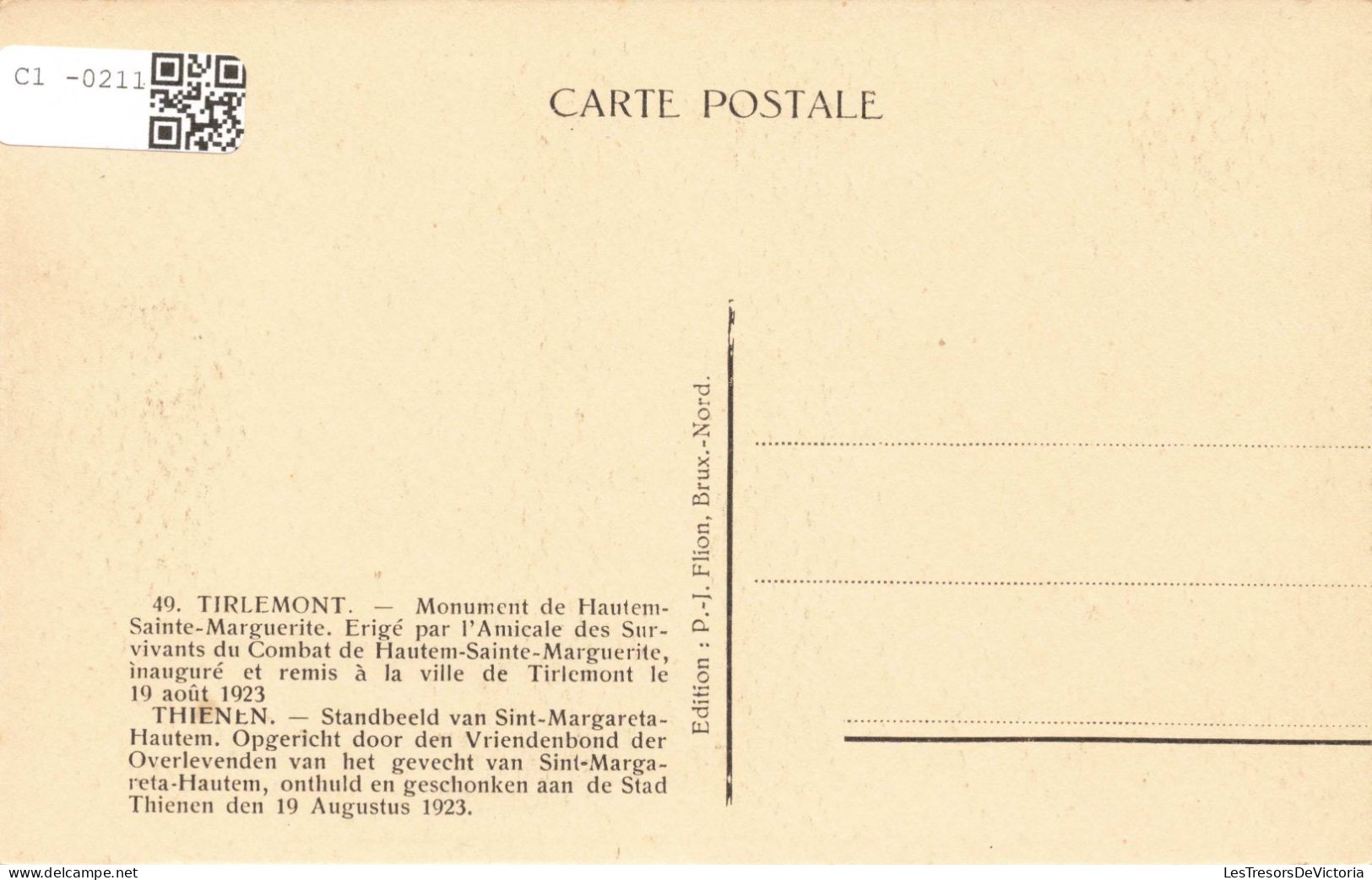 BELGIQUE - Tirlemont - Monument De Hautemsainte-Marguerite.. - Carte Postale Ancienne - Tienen