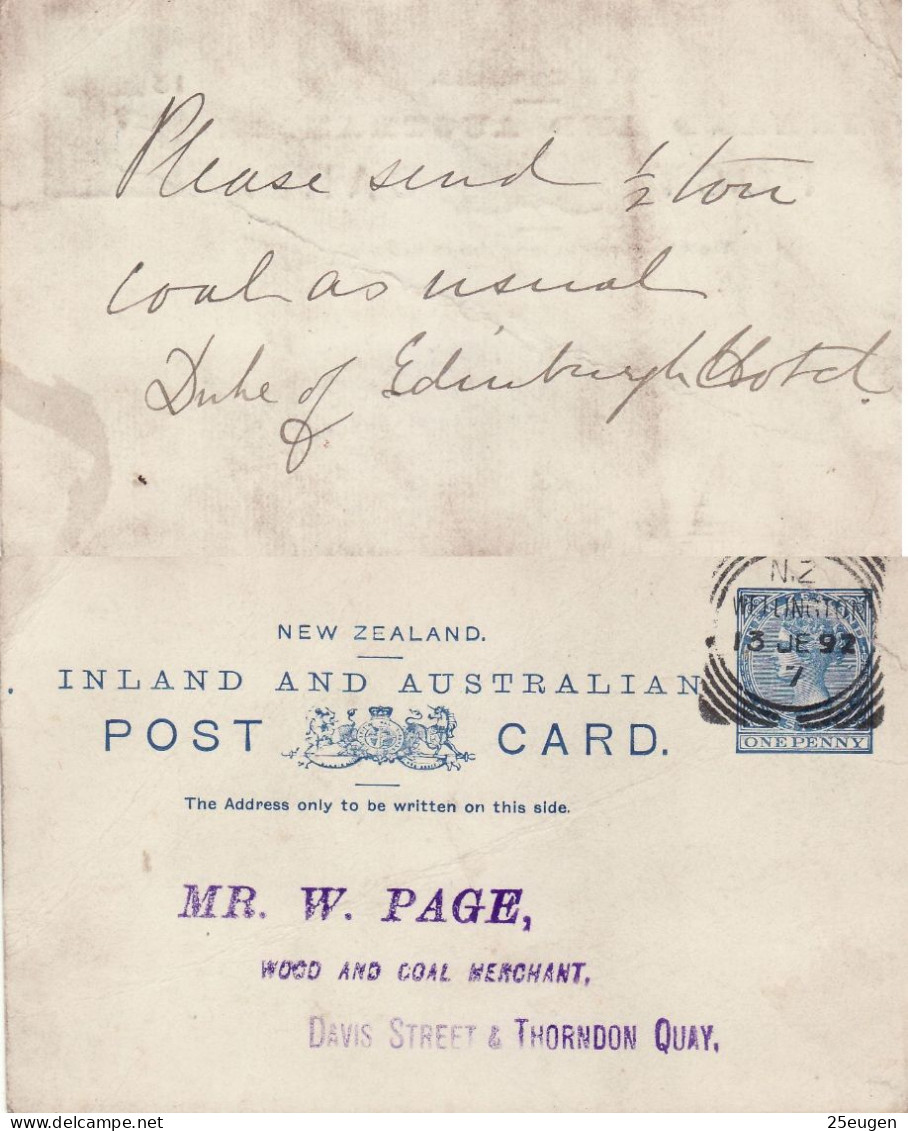 NEW ZEALAND 1892 POSTCARD SENT FROM WELLINGTON - Covers & Documents