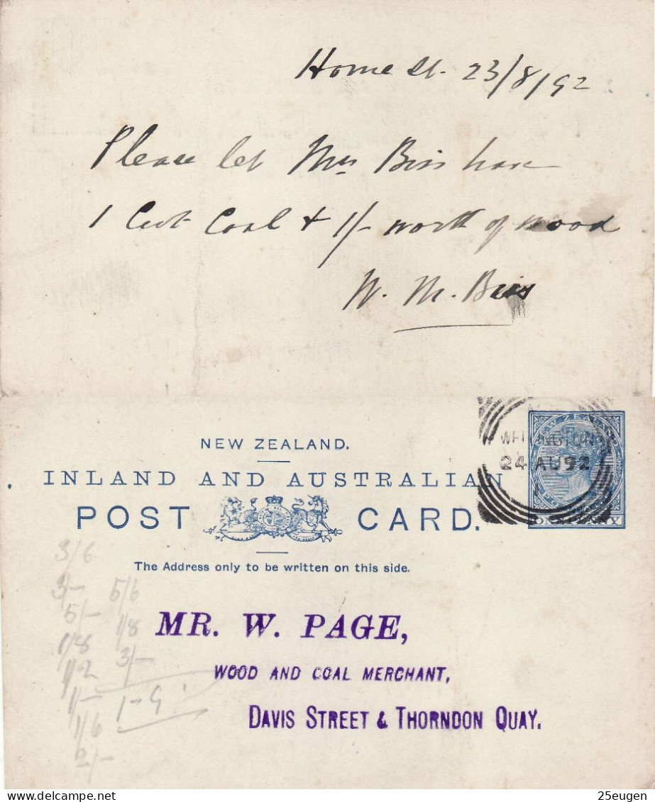 NEW ZEALAND 1892 POSTCARD SENT FROM WELLINGTON - Cartas & Documentos