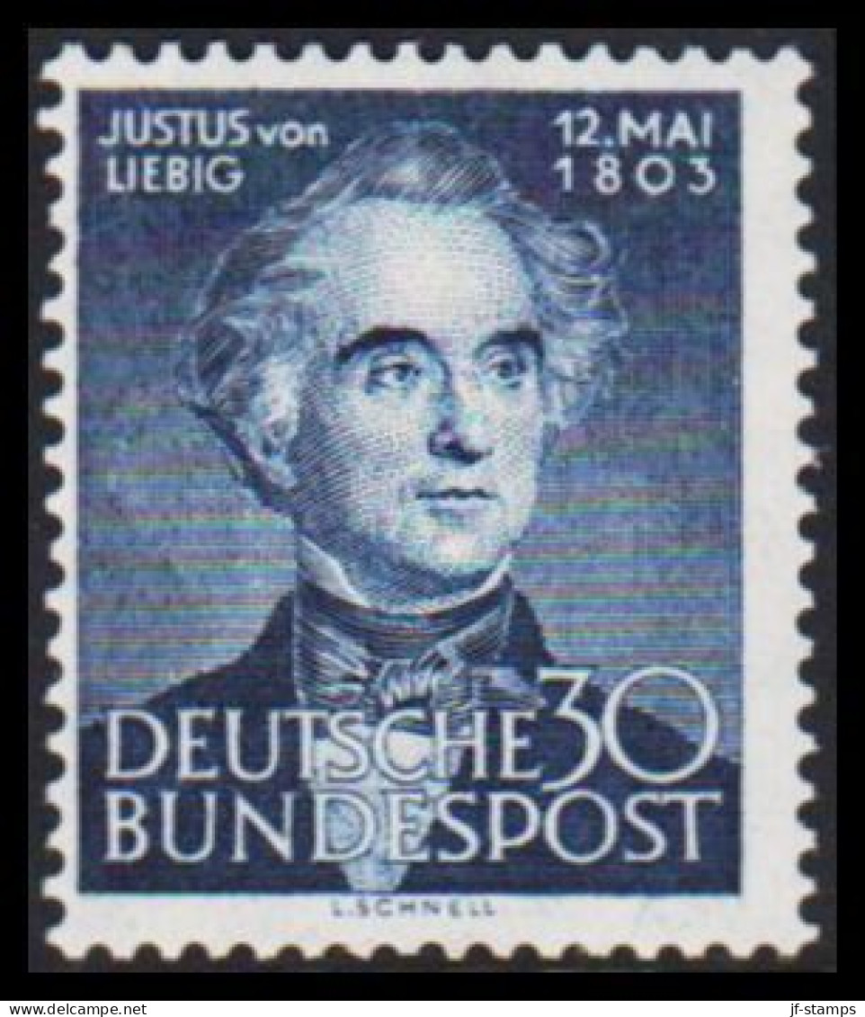 1953. DEUTSCHE BUNDESPOST 150. Geburtstag Von Justus Von Liebig 30 Pf. Hinged.  (Michel 166) - JF539116 - Ungebraucht