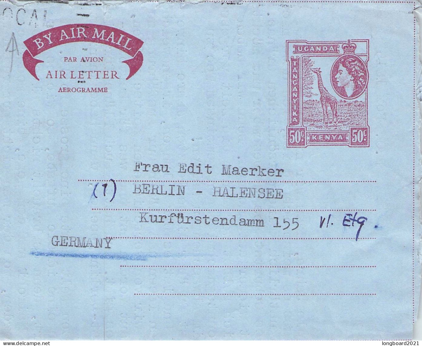 KENYA/TANGANYIKA/UGANDA - AEROGRAMME 1958 NAIROBI - BERLIN/DE / 657 - Kenya, Uganda & Tanganyika