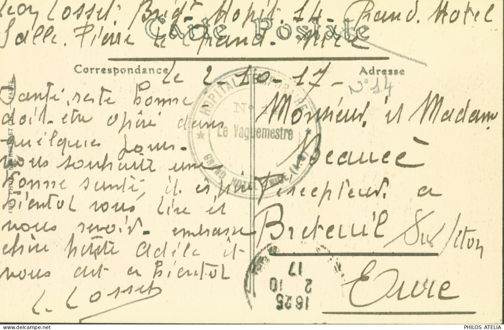 Guerre 14 Cachet Hôpital Temporaire Grand Hôtel Nice N°14 Vaguemestre 1917 CPA Nice Hôtel Majestic - Guerre De 1914-18