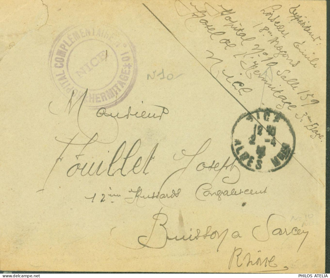 Guerre 14 Cachet Hôpital Complémentaire N°10 Hermitage Nice 1915 Hôtel - 1. Weltkrieg 1914-1918