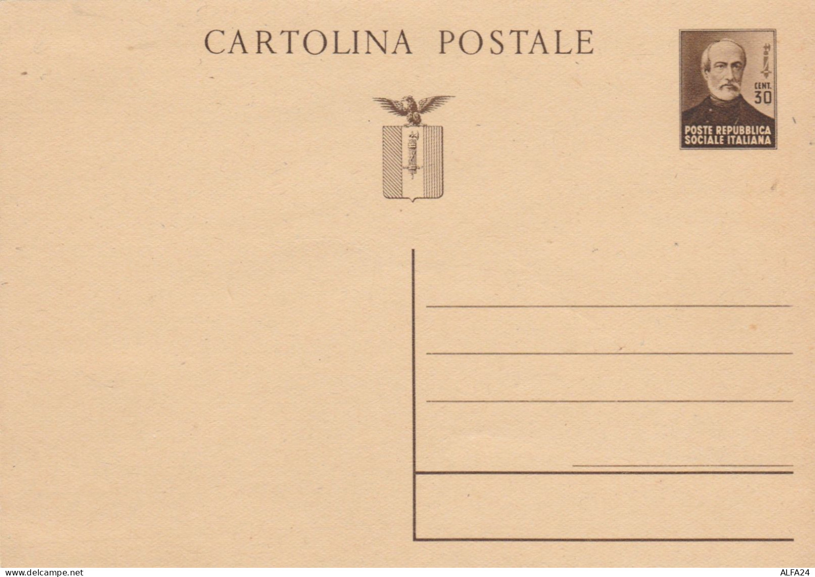 INTERO POSTALE C.30 RSI MAZZINI 1944 -CARTA SPESSA-CAT.LASER 108 (HC102 - Interi Postali