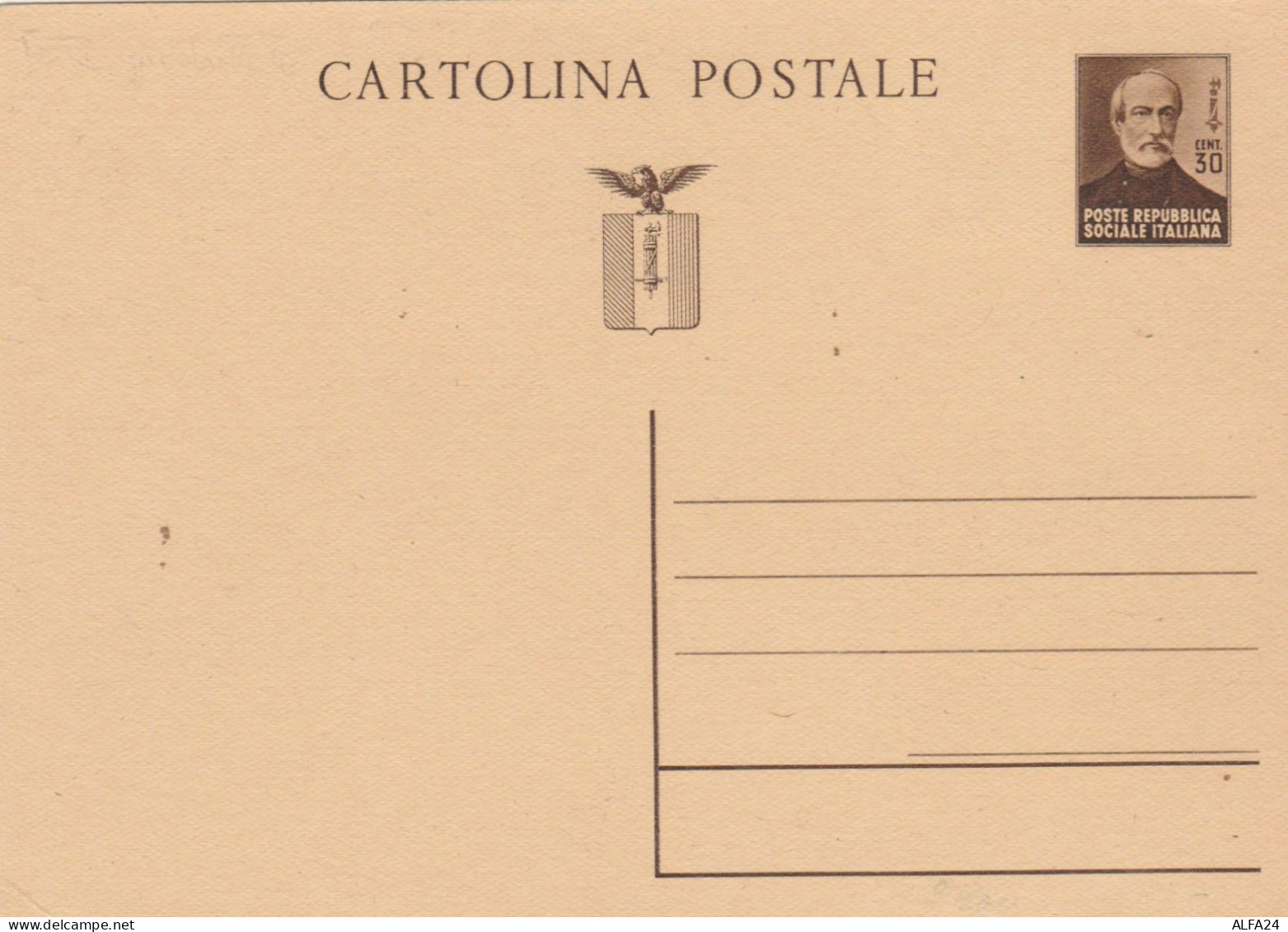 INTERO POSTALE C.30 RSI MAZZINI 1944 -CARTA SPESSA-CAT.LASER 108 (HC101 - Interi Postali