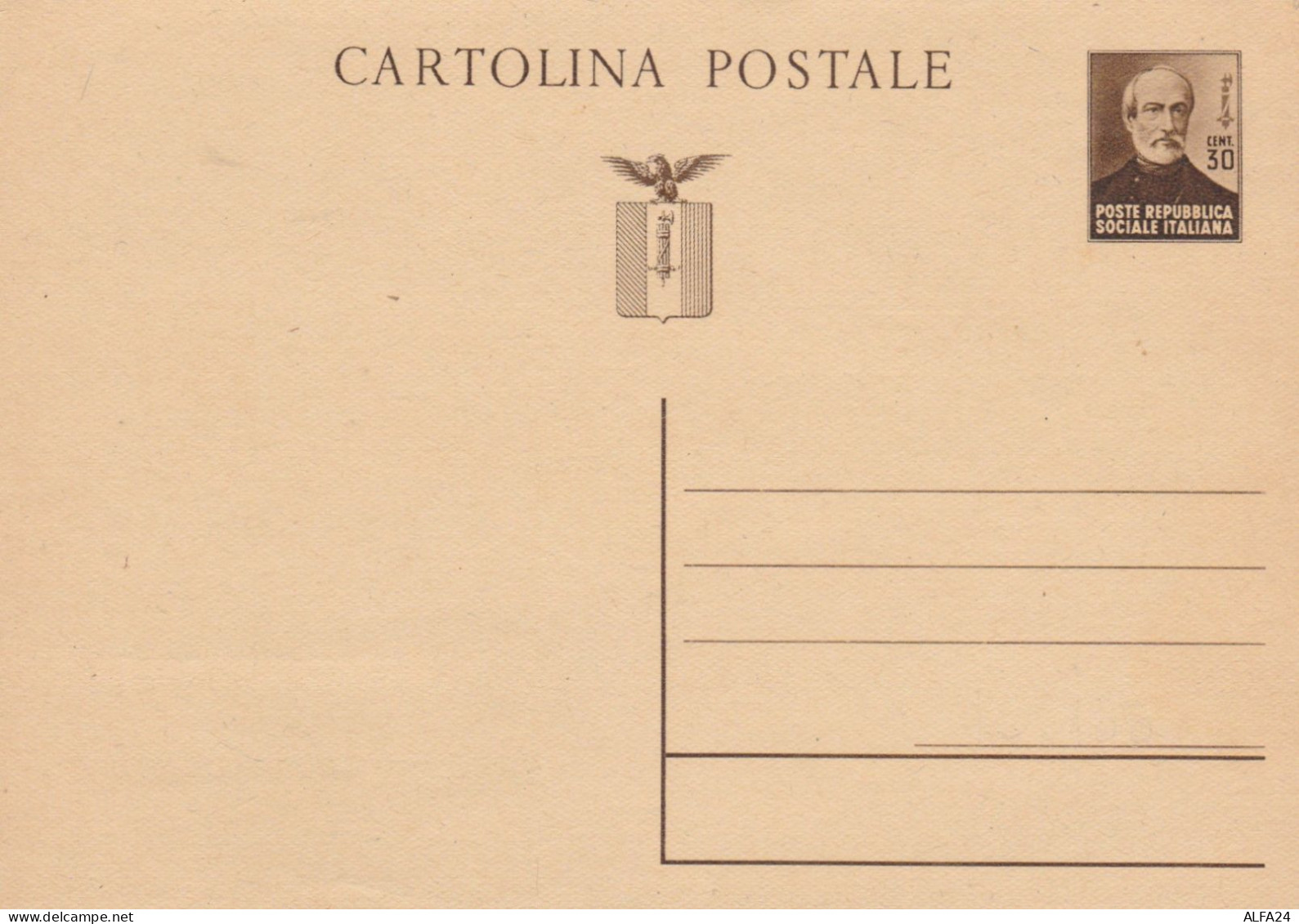 INTERO POSTALE C.30 RSI MAZZINI 1944 -CARTA SPESSA-CAT.LASER 108 (HC98 - Stamped Stationery
