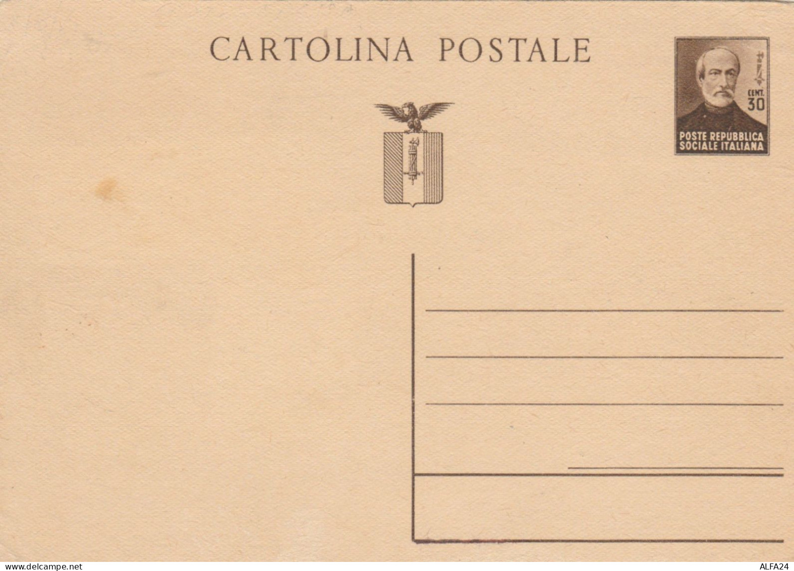 INTERO POSTALE C.30 RSI MAZZINI 1944 -CARTA SPESSA-CAT.LASER 108 (HC100 - Interi Postali