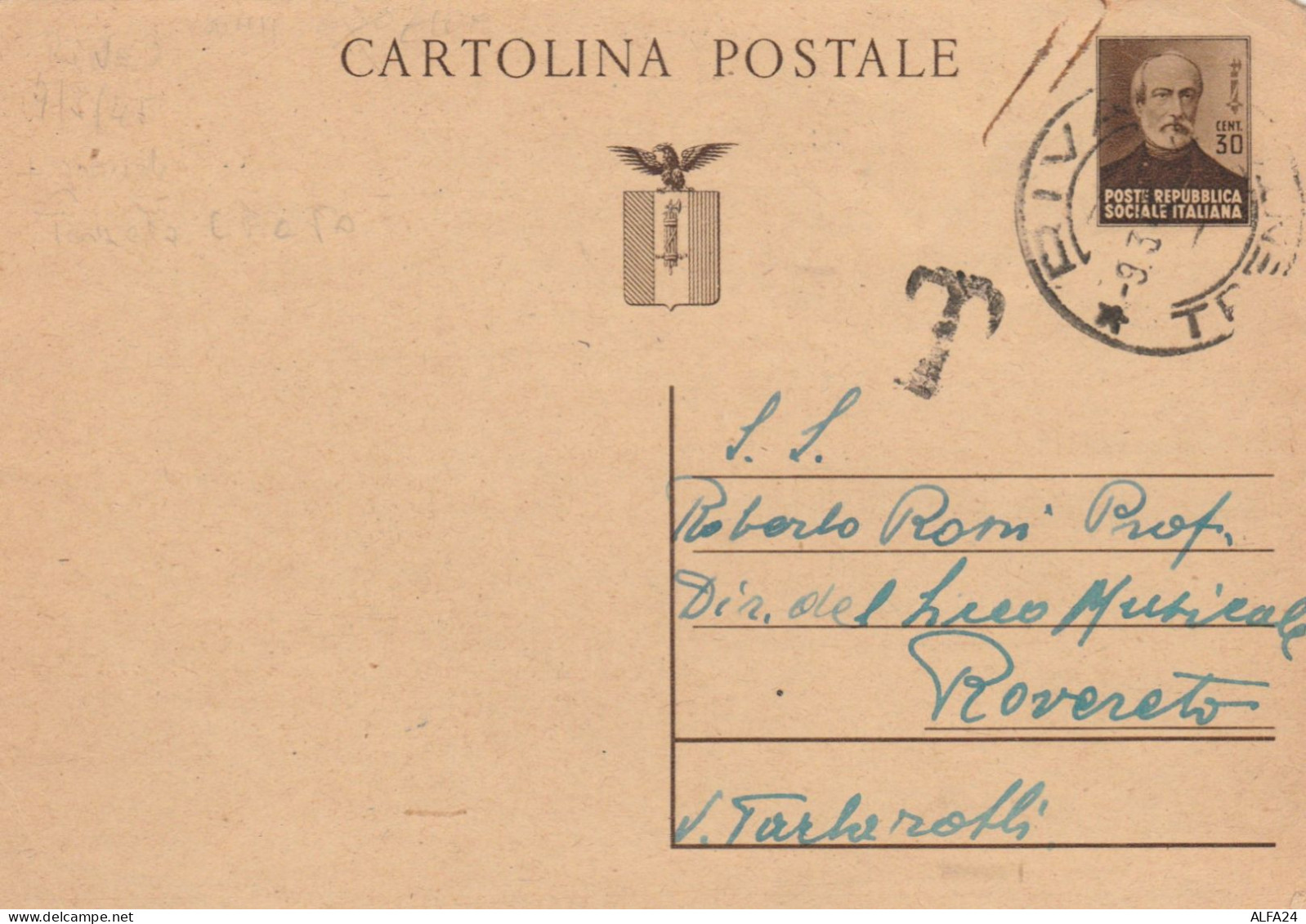 INTERO POSTALE C.30 MAZZINI RSI 1944 TIMBRO TRENTO TASSATO (HC526 - Stamped Stationery