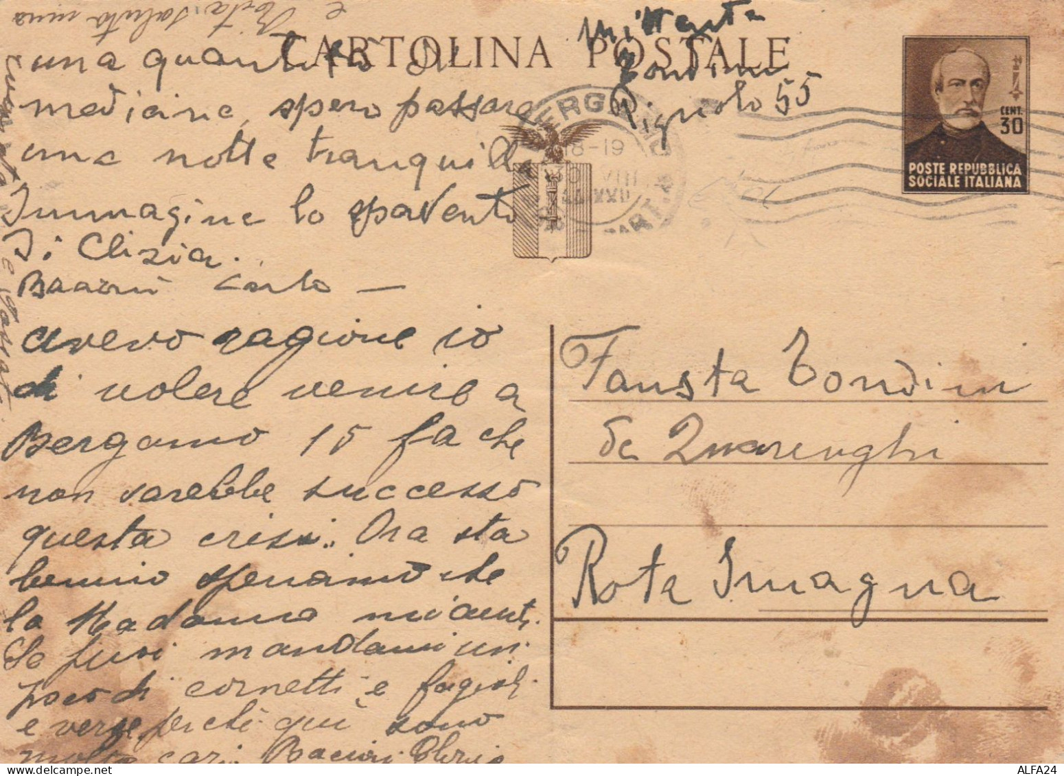 INTERO POSTALE C.30 RSI 1944-non Perfetto -TIMBRO BERGAMO-CAT.LASER 108 (HC143 - Stamped Stationery