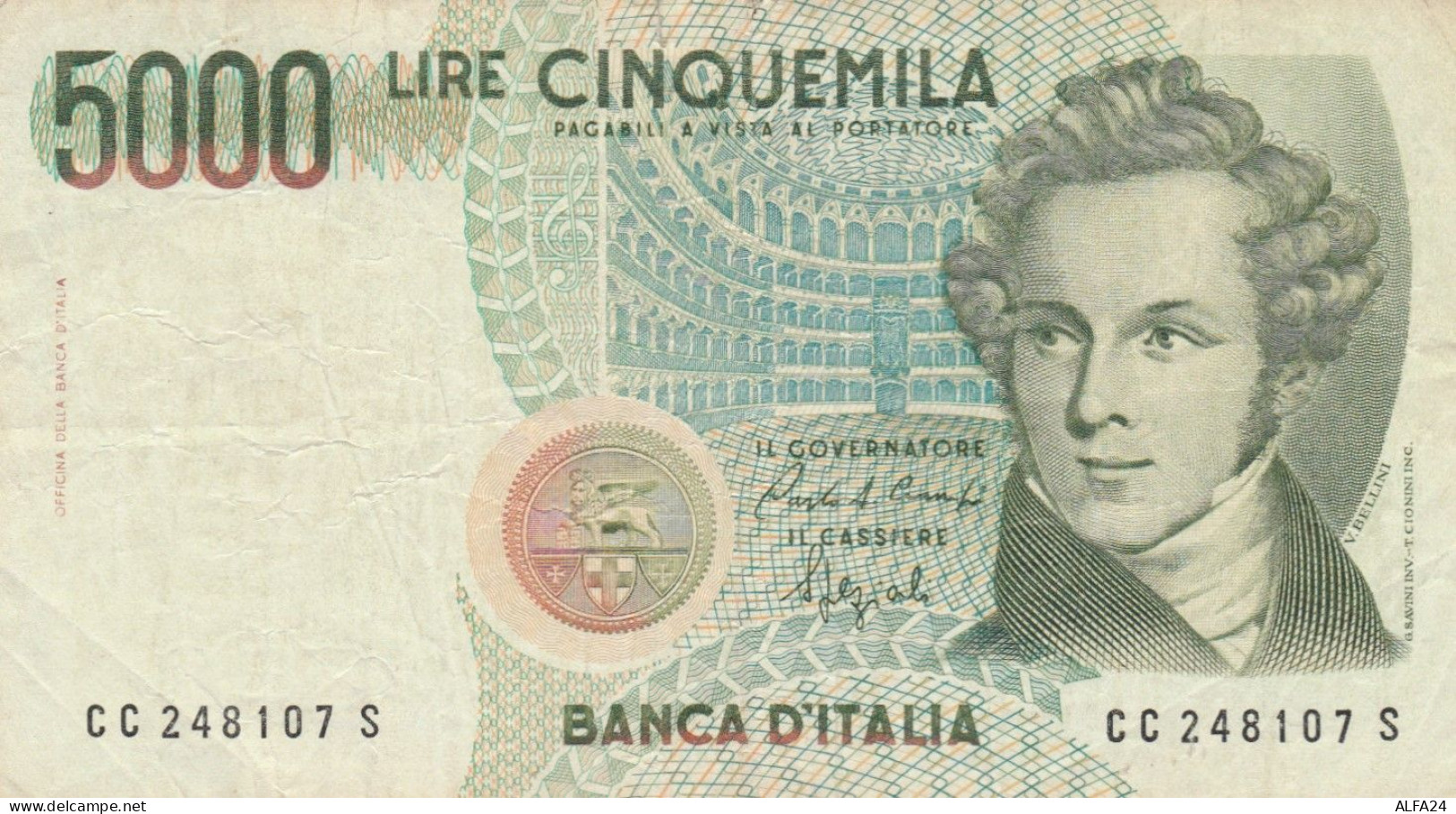 BANCONOTA ITALIA BANCA D'ITALIA L.5000 BELLINI VF (HC1871 - 5.000 Lire