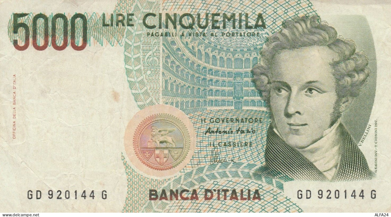 BANCONOTA ITALIA BANCA D'ITALIA L.5000 BELLINI VF (HC1873 - 5.000 Lire