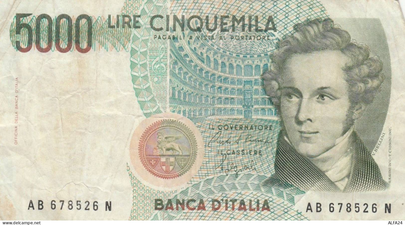 BANCONOTA ITALIA BANCA D'ITALIA L.5000 BELLINI VF (HC1872 - 5.000 Lire