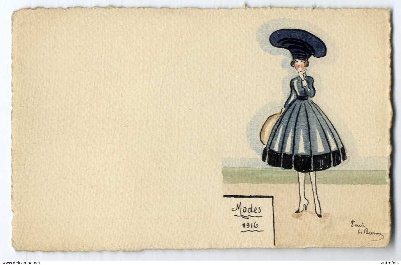 MODES 1916  FEMME AVEC UN BEAU CHAPEAU   DESSIN ENCRE AQUARELLE  REALISE SUR CARTE POSTALE  - SIGNEE S BURM - Watercolours