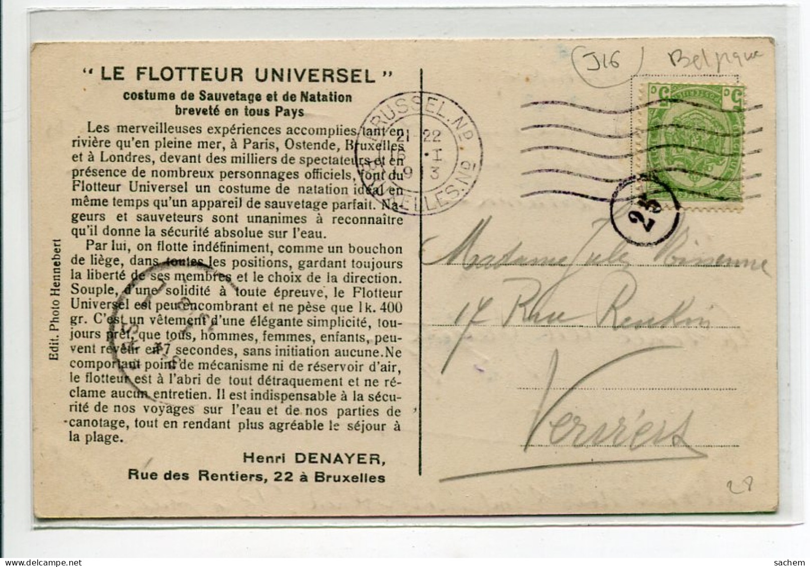 NATATION Publicité  Le Flotteur Universel BRUXELLES   Costume  Sauvetage  Natation Breveté   1913  écrite      D10  2020 - Natation