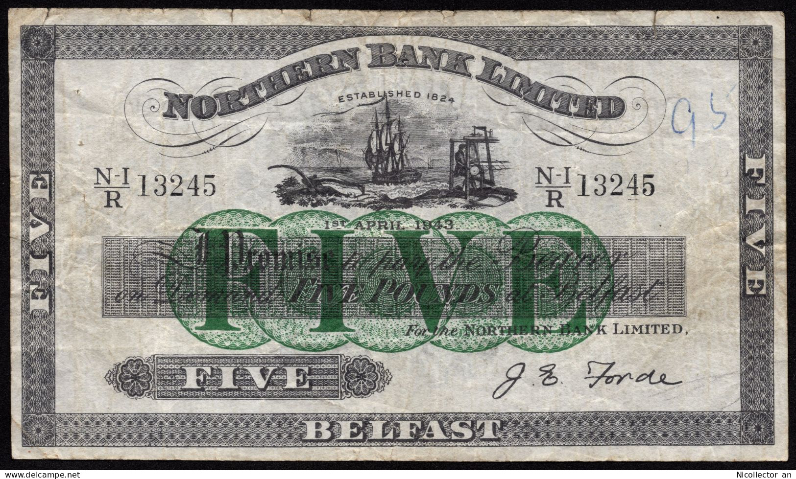 Northern Ireland 5 Pounds 1943 (P180b) *aVF* Digit Ladder Number Rare - Ireland