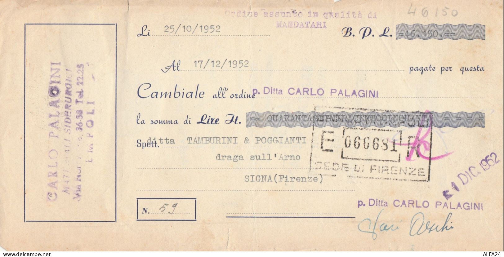 CAMBIALE CON MDB 1952 (HP730 - Fiscali