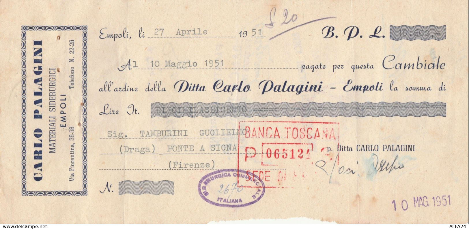 CAMBIALE CON MDB 1951 (HP692 - Fiscaux