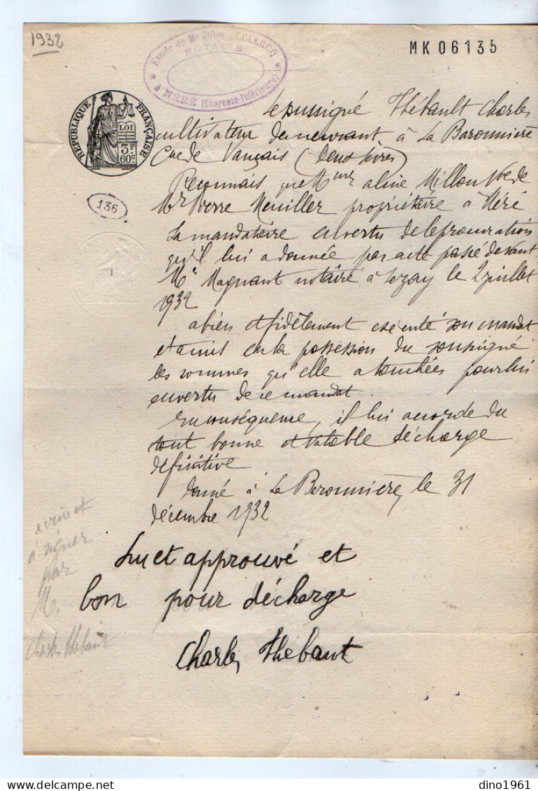 VP22.723 - NERE - Acte De 1932 - Entre M. Charles THEBAULT à VANCAIS & Mme Aline MILLON Veuve NEUILLER à NERE - Manuscripts