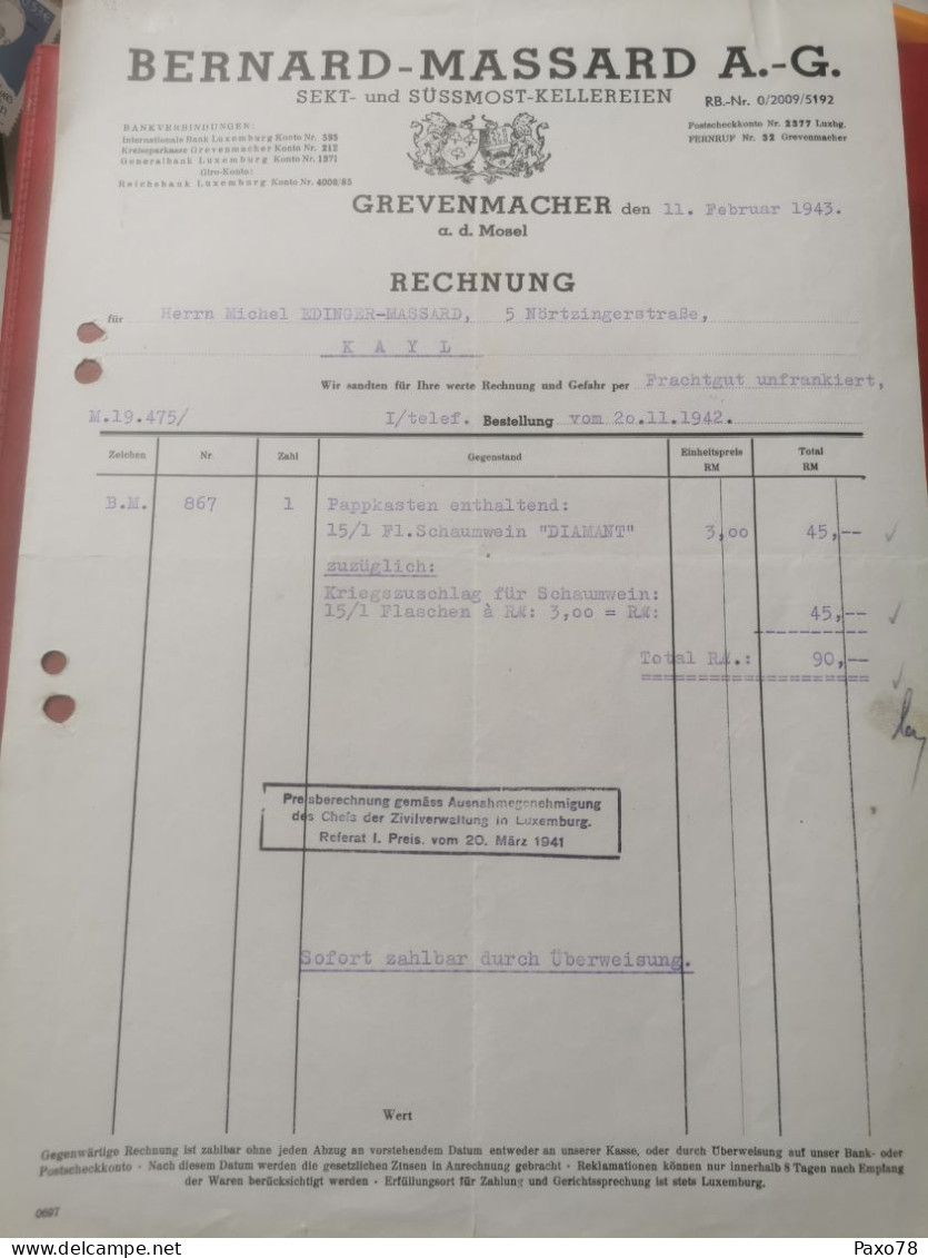Luxembourg Facture, Bernard-Massard, Grevenmacher 1943 - Luxembourg