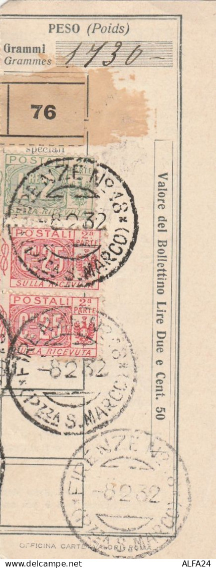 RICEVUTA BOLLETTINO CON LIRE 2 +2X25 CENT. TIMBRO FIRENZE-PIAZZ AS.MARCO-1932 (HX373 - Colis-postaux