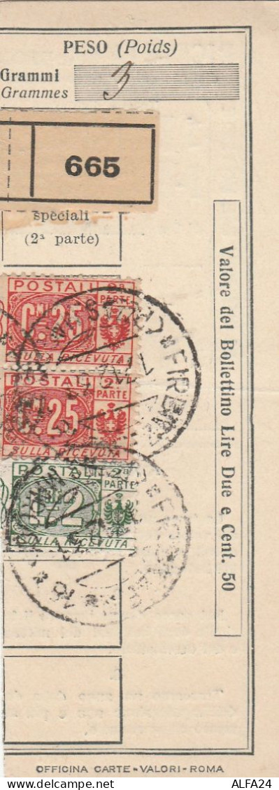 RICEVUTA BOLLETTINO CON LIRE 2 +2X25 CENT. TIMBRO FIRENZE-1931 (HX371 - Pacchi Postali