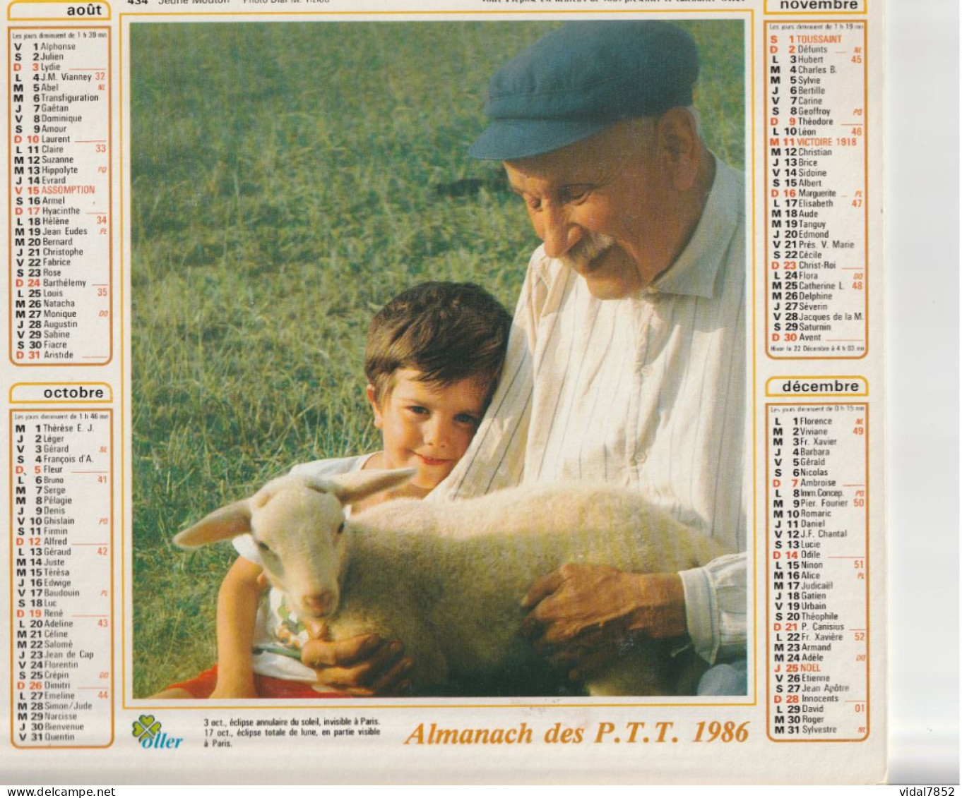 Calendrier-Almanach Des P.T.T 1986 Gouter Dans L'herbe-jeune Mouton-OLLER Département AIN-01-Référence 434 - Grand Format : 1981-90