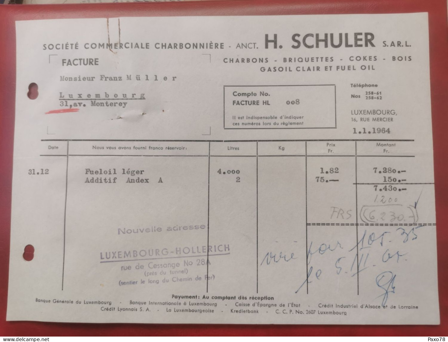 Luxembourg Facture, H. Schuler 1964 - Luxemburgo