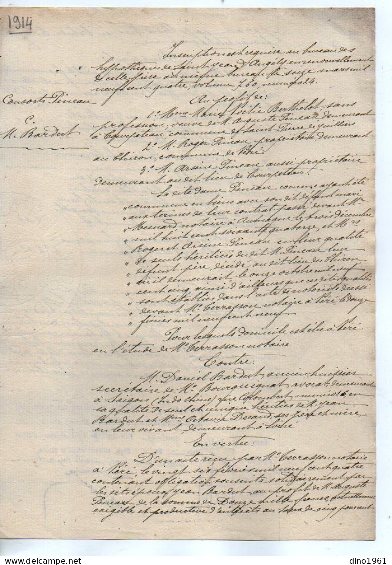 VP22.726 - SAINT JEAN D'ANGELY - Acte De 1914 - Consorts PINEAU à SAINT PIERRE DE JUILLERS, NERE Contre BARDUT à SAIGON - Manuscripts