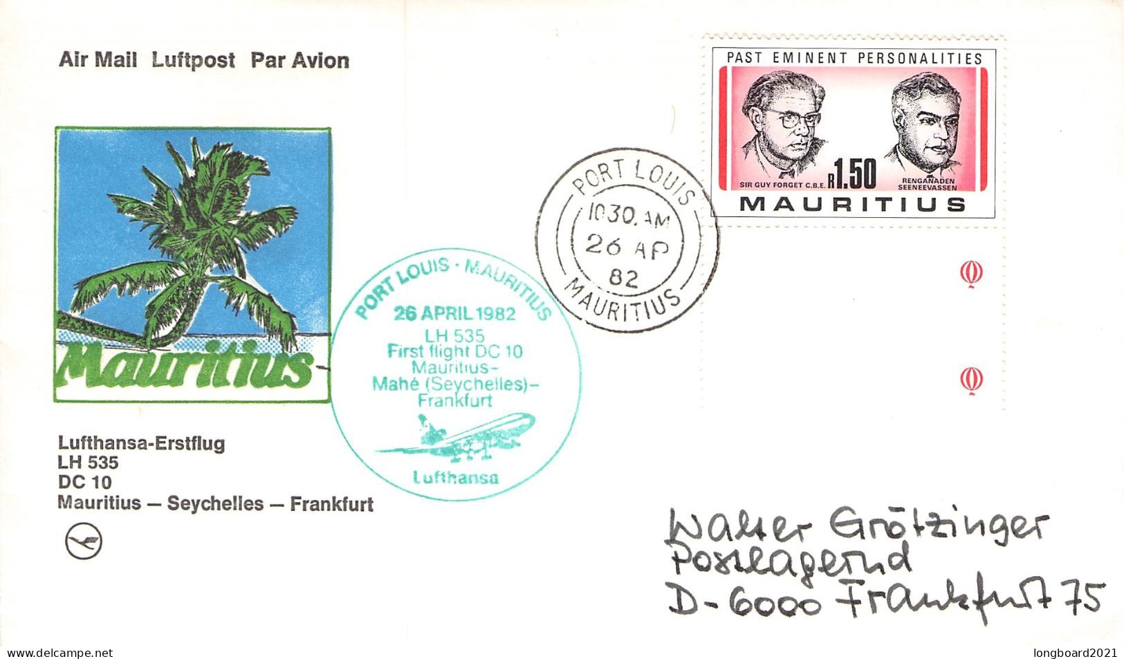 MAURITIUS - FIRST FLIGHT LH 535 1982 PORT LOUIS / 660 - Maurice (1968-...)