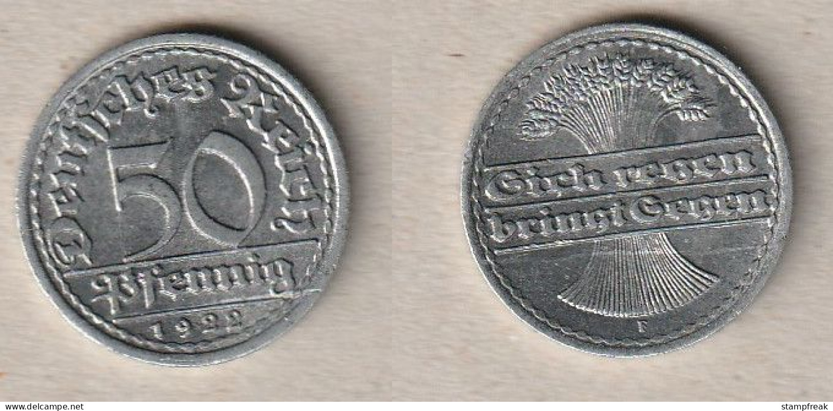 00773) Deutschland, Weimar, 50 Pfennig 1922F - 50 Renten- & 50 Reichspfennig