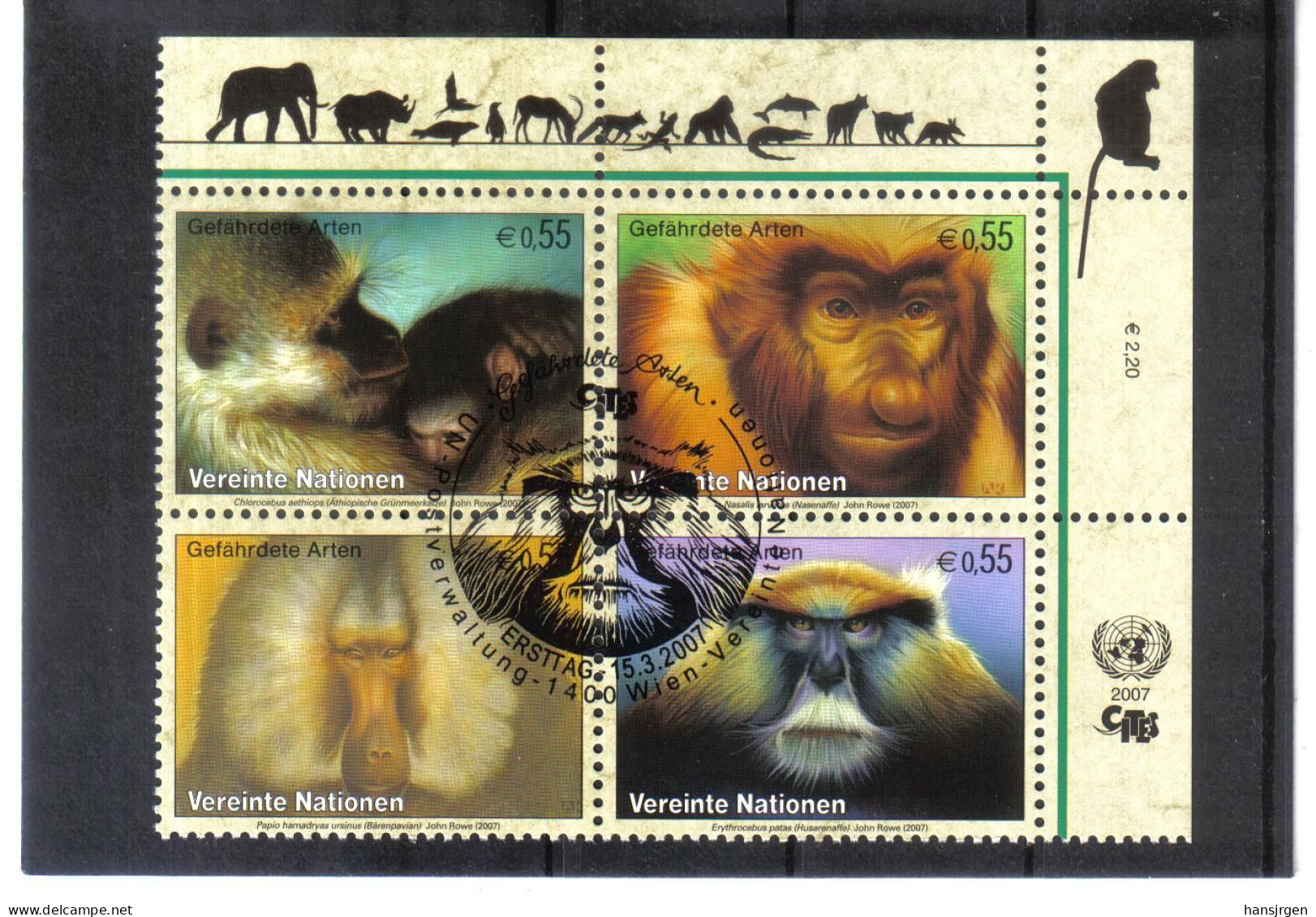 VV833 UNO WIEN  2007 MICHL 485/88 VIERERBLOCK GEFÄHRTERTE ARTEN Used / Gestempelt - Unused Stamps